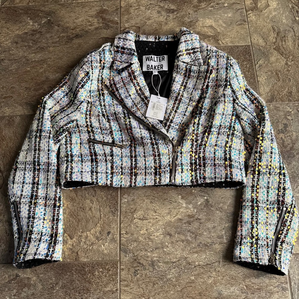 NWT $298 Designer Walter Baker Jacket Broadway Tweed Sequin Crop L Anthropologie
